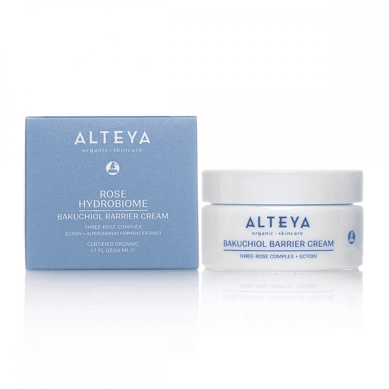 Alteya Rose Hydrobiome Bakuchiol Barrier Cream 50ml jar with rose floral design and creamy texture visible in the image.