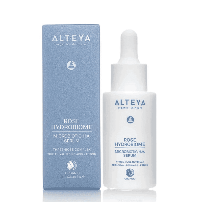 Alteya Rose Hydrobiome Microbiotic H.A. Serum 30ml bottle with rose extract and serum dropper on a white background.