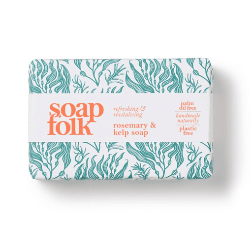 Soap Folk Rosemary & Kelp Soap 105g with fresh rosemary and sea kelp ingredients, showcasing the natural soap bar on a neutral background.