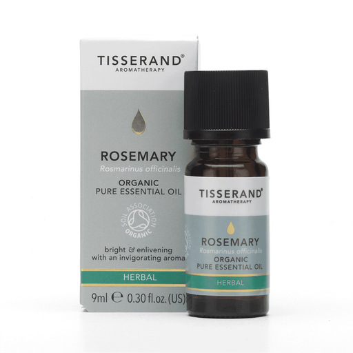 Tisserand Rosemary Organic Pure Essential Oil bottle, 9ml, with fresh rosemary sprigs in the background.