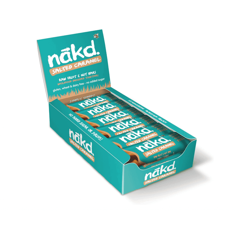 Box of Nakd Salted Caramel energy bars, 18-pack of 35g bars, with salted caramel flavor and natural ingredients.