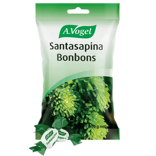 A Vogel BioForce Santasapina Bonbons in a 100g package, showing a close-up of the herbal lozenges with Santa-themed packaging.