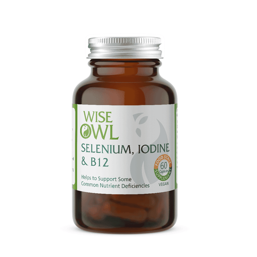 Wise Owl Selenium, Iodine, and B12 supplement bottles showing labels and capsules on a white background.