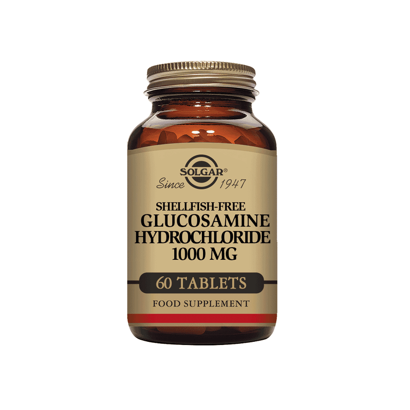 Solgar Shellfish-Free Glucosamine Hydrochloride 1000mg supplement bottle with 60 capsules, designed for joint support and mobility.