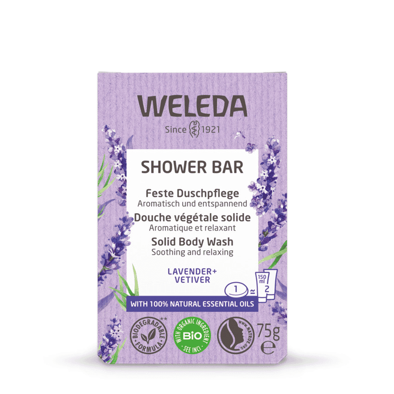 Weleda Lavender and Vetiver Shower Bar 75g, natural soap featuring calming lavender and earthy vetiver, in a rectangular shape.