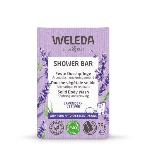 Weleda Lavender and Vetiver Shower Bar 75g, natural soap featuring calming lavender and earthy vetiver, in a rectangular shape.
