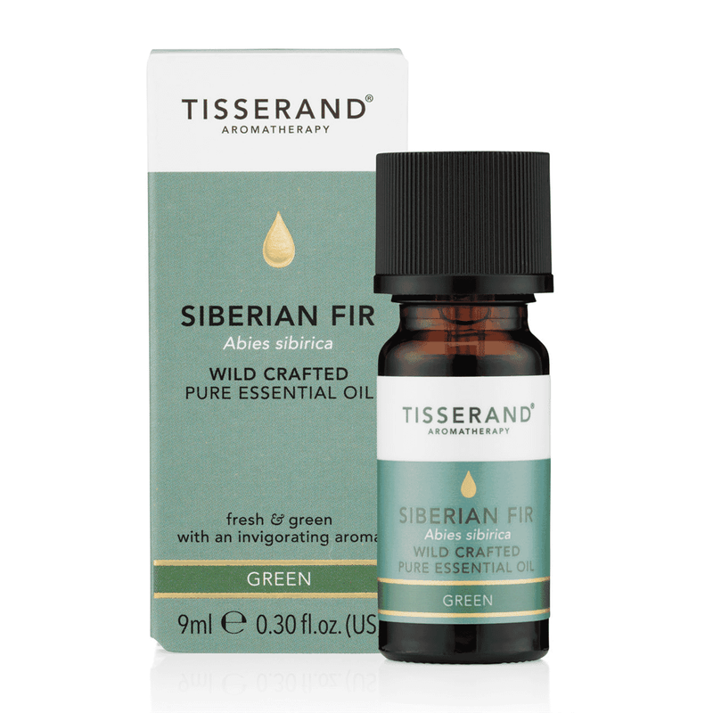 Tisserand Siberian Fir essential oil in a 9ml bottle, showcasing the clear liquid and product label on the packaging.