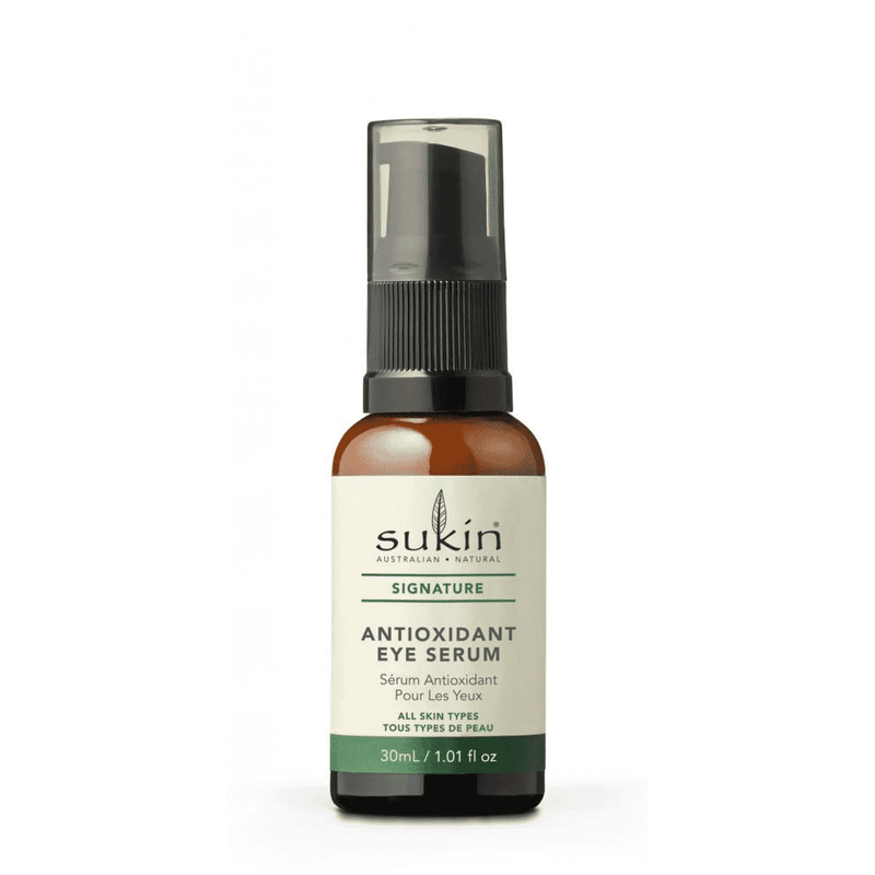Sukin Signature Antioxidant Eye Serum 30ml with a sleek bottle, designed to reduce puffiness and brighten the under-eye area.