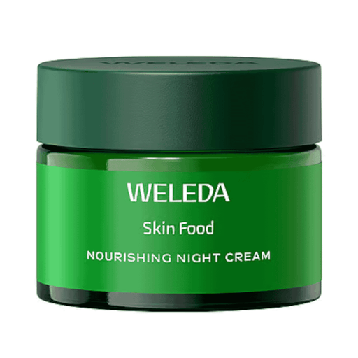 Weleda Skin Food Nourishing Night Cream in a 40ml jar, showing the cream's smooth texture and elegant packaging.