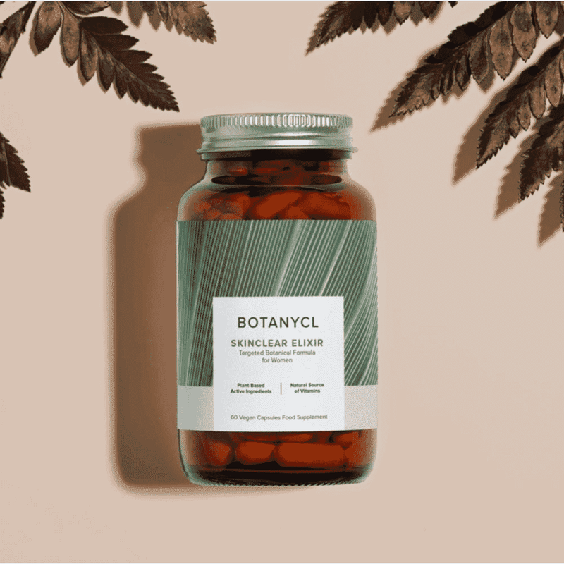 Botanycl SkinClear Elixir 60s bottle with label, showcasing the product designed for clear, healthy skin.