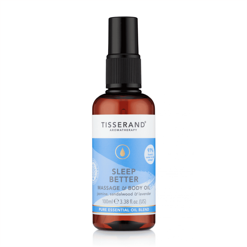 Tisserand Sleep Better Massage and Body Oil in a 100ml bottle with a natural herbal scent for relaxation and sleep support.