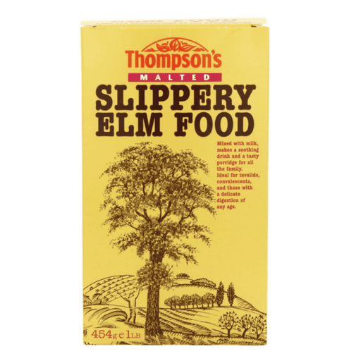 Thompson's Slippery Elm Food Malted 454g jar showing the product label and lid on a white background.