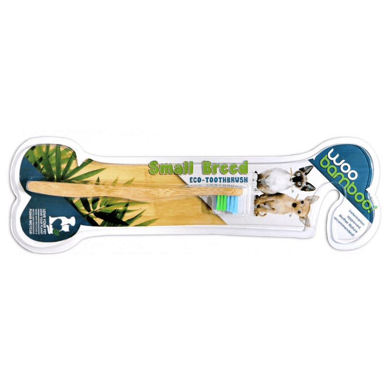 Woobamboo Small Breed Eco-Toothbrush with bamboo handle and soft bristles for gentle pet dental care.
