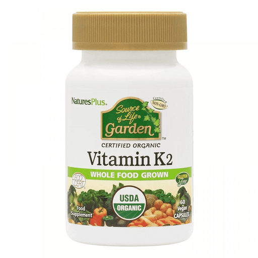 NaturesPlus Source of Life Garden Vitamin K2 supplement bottle with label, 60 capsules, on a white background.