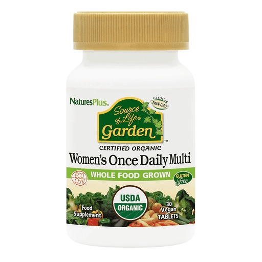 NaturesPlus Source of Life Garden Women's Once Daily Multivitamins, 30 tablets, with colorful supplement packaging and bottle label.