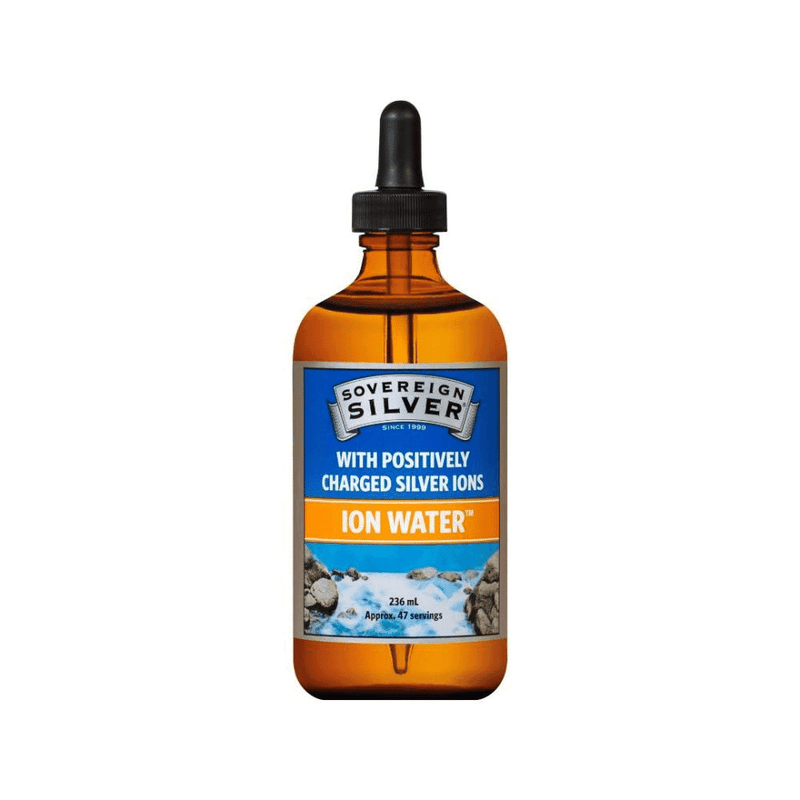 Sovereign Silver ION Water in a 236ml bottle with dropper top, clear liquid inside, branded label visible.