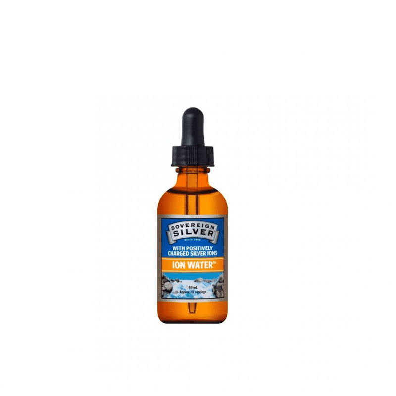Sovereign Silver ION Water 59ml bottle with dropper top, clear liquid inside, branded label on the front, for natural health use