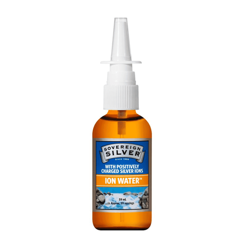 Sovereign Silver ION Water 59ml vertical spray bottle with a clear label and silver cap, designed for nasal or oral use.