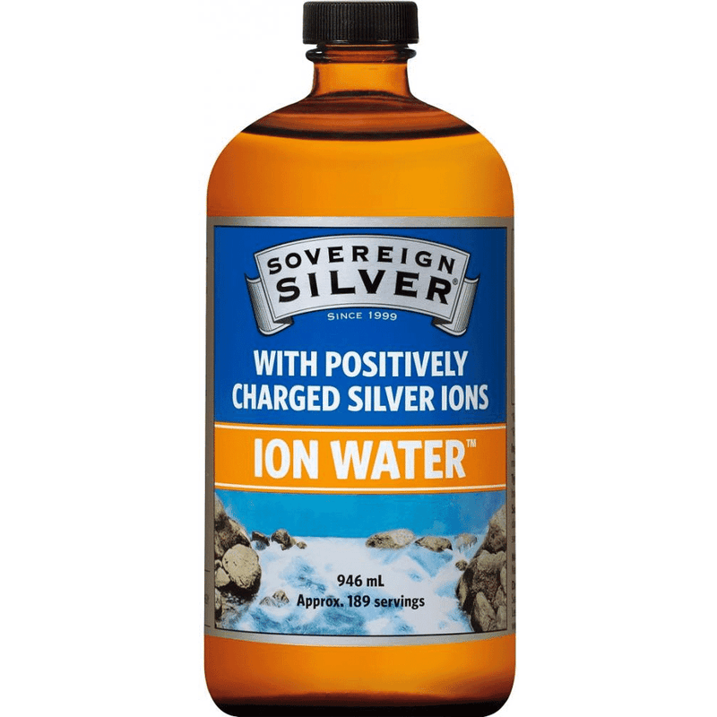 Sovereign Silver ION Water in a 946ml bottle with a polyseal cap, featuring clear liquid and label displaying brand and product info.