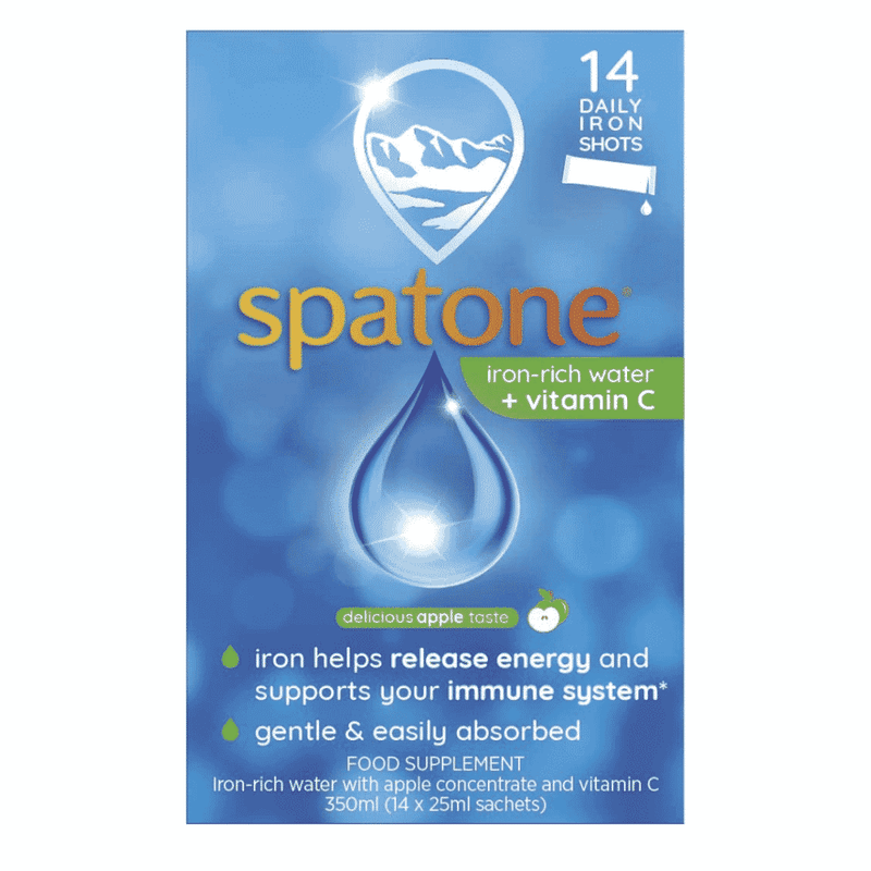 Spatone 14-day supply of apple-flavored iron supplement with vitamin C in a clear bottle with orange cap.