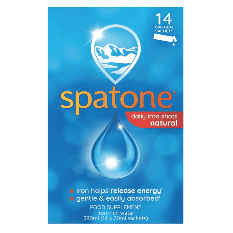 Spatone 14-day supply of liquid iron supplement bottles, showing the Spatone brand and individual metal-tinted bottles.