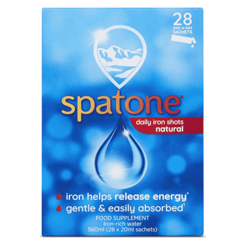 Spatone 28-day supply of natural iron-rich mineral water in a clear plastic bottle, designed for easy daily use.