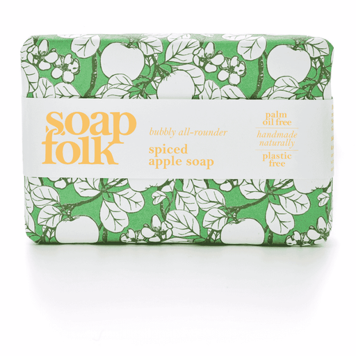 Soap Folk Spiced Apple Soap 105g with a wrapped label featuring a spiced apple design and natural ingredients.