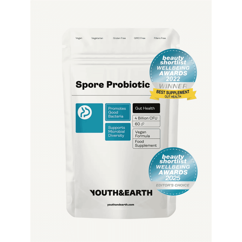 Youth & Earth Spore Probiotic 60s bottle showing capsules and label for digestive health supplement.
