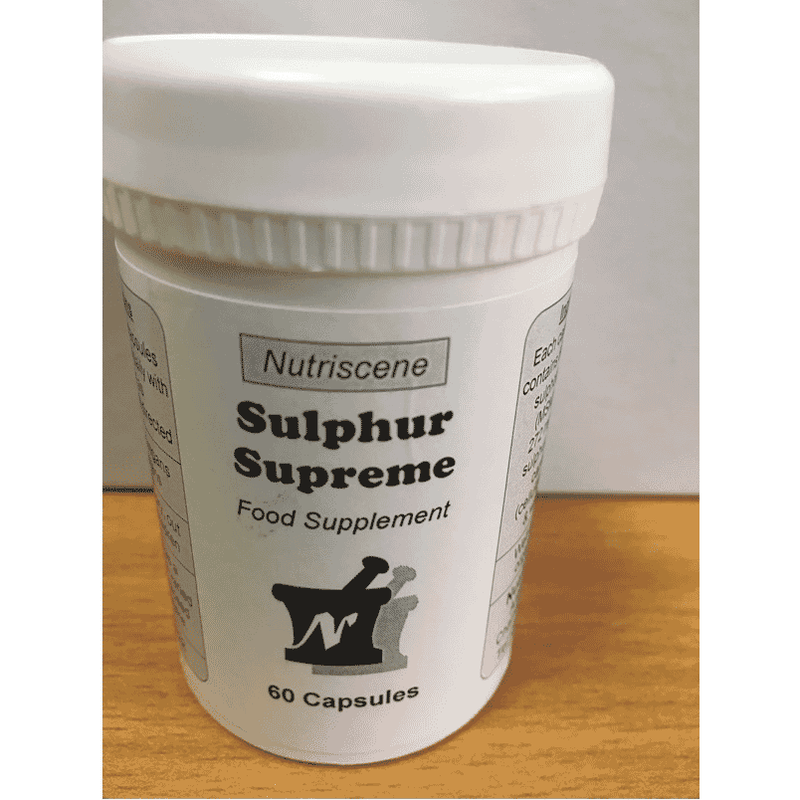 Nutriscene Sulphur Supreme 60s bottle with supplement tablets, natural sulfur remedy for skin and joint health.