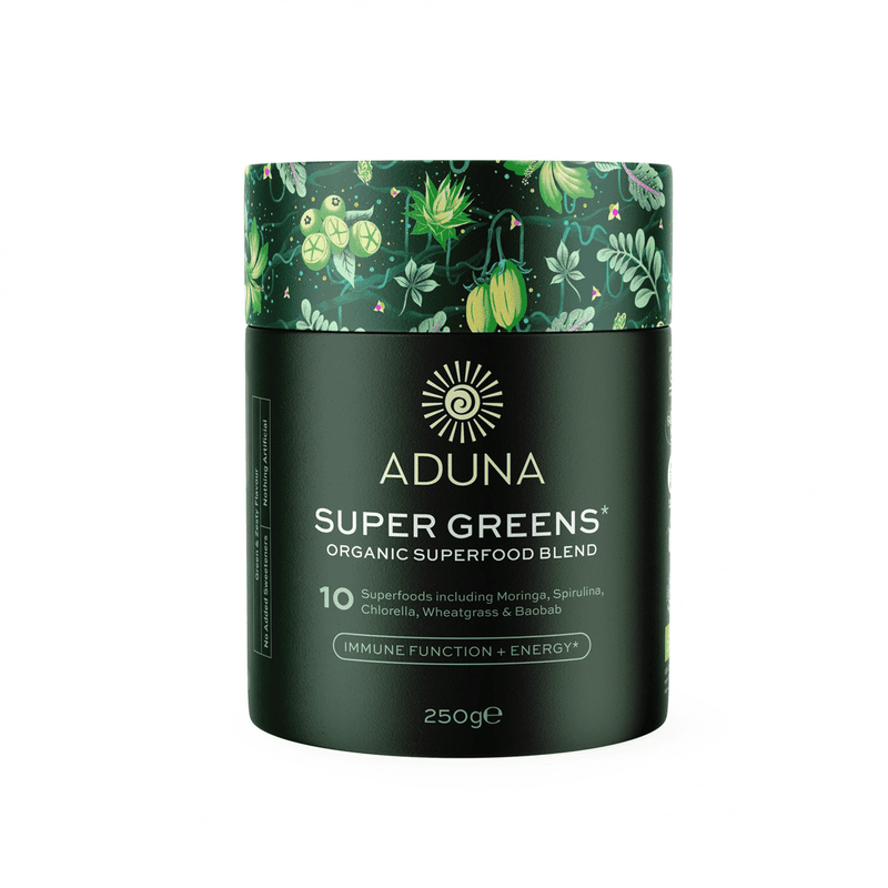 Aduna Super Greens Organic Superfood Blend 250g jar with green powder and fresh greens on the label