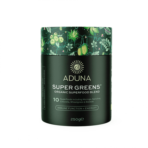 Aduna Super Greens Organic Superfood Blend 250g jar with green powder and fresh greens on the label