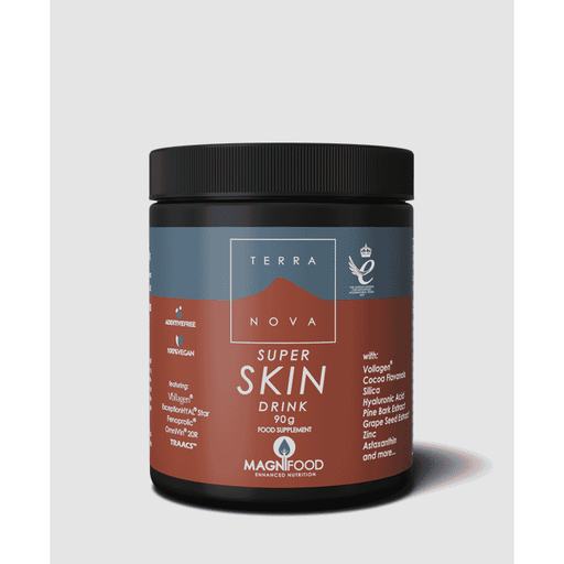 Terranova Super Skin Drink 90g container with the product label, showing the herbal supplement powder for skin health.
