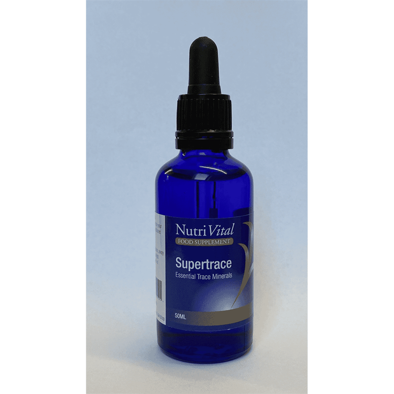 Nutrivital Supertrace 50ml supplement bottle with label, featuring dark glass and product branding visible.