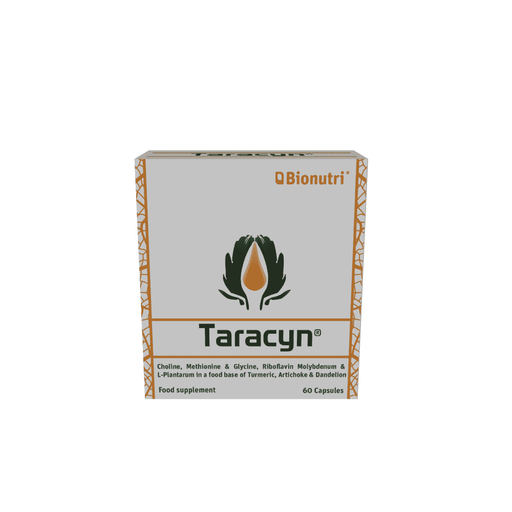 Bionutri Taracyn 60s supplement bottle with label featuring product details and branding, white background.