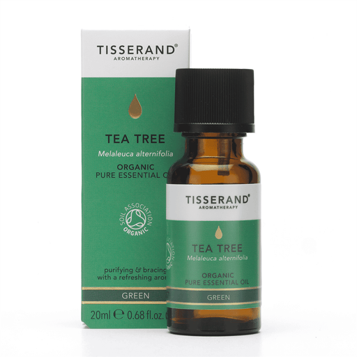 Tisserand Organic Tea Tree Essential Oil in 20ml bottle, showing clear glass container and label with green tea tree illustration.