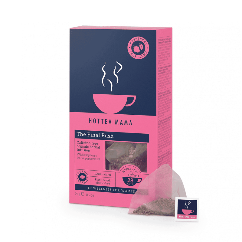HotTea Mama The Final Push Organic Herbal Infusion teabags box with 14 packs, featuring herbal tea bags for wellness and relaxation.