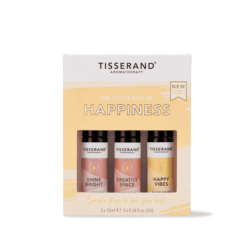 Tisserand The Little Box of Happiness with three 10ml essential oil bottles in a compact gift box.