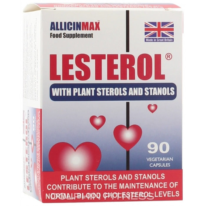 Allicin Lesterol vitamins and supplements bottle with label, featuring garlic extract and health benefits in a clean, professional design.