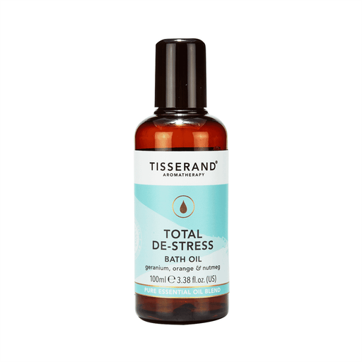 Tisserand Total De-Stress Bath Oil in 100ml bottle, with natural plant-based ingredients and calming scent visible.