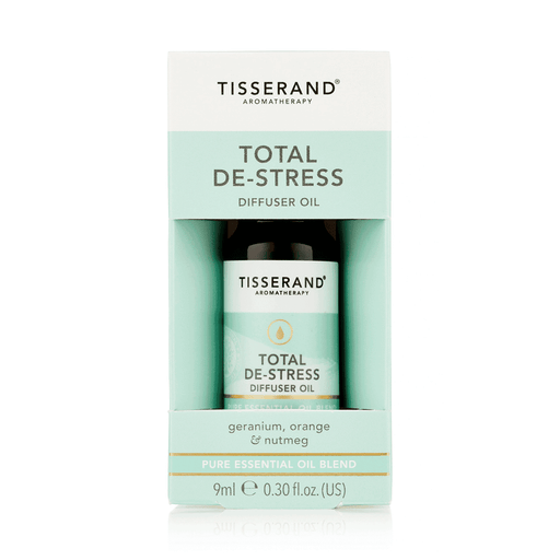 Tisserand Total De-Stress Diffuser Oil 9ml bottle with label, designed for aromatherapy and stress relief.