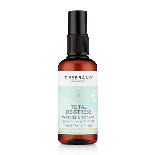 Tisserand Total De-Stress Massage & Body Oil bottle with label, 100ml, featuring calming essential oils for relaxing massage.