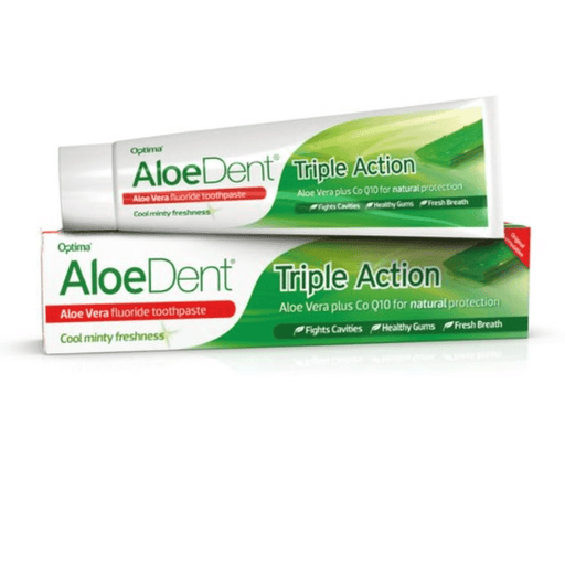 Aloe Dent Triple Action Aloe Vera Gel Toothpaste with fluoride in a 100ml tube, showcasing the toothpaste with aloe vera ingredients.