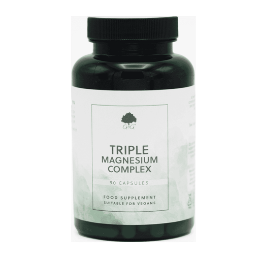 G&G Vitamins Triple Magnesium Complex bottle with 90 capsules, showing the product label and capsule image