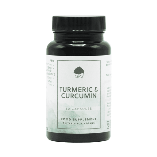 G&G Vitamins Turmeric & Curcumin supplement bottle with 60 capsules and a turmeric root on the label.