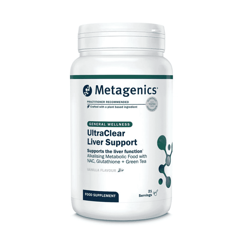 Bottle of Metagenics UltraClear Liver Support Vanilla Flavour dietary supplement with 21 servings and label visible.