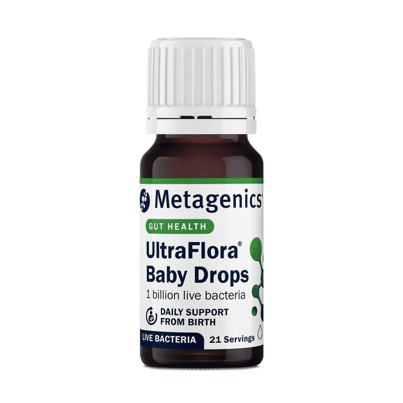 Metagenics UltraFlora Baby Drops 5.7ml bottle with dropper cap, showing the product label and packaging.