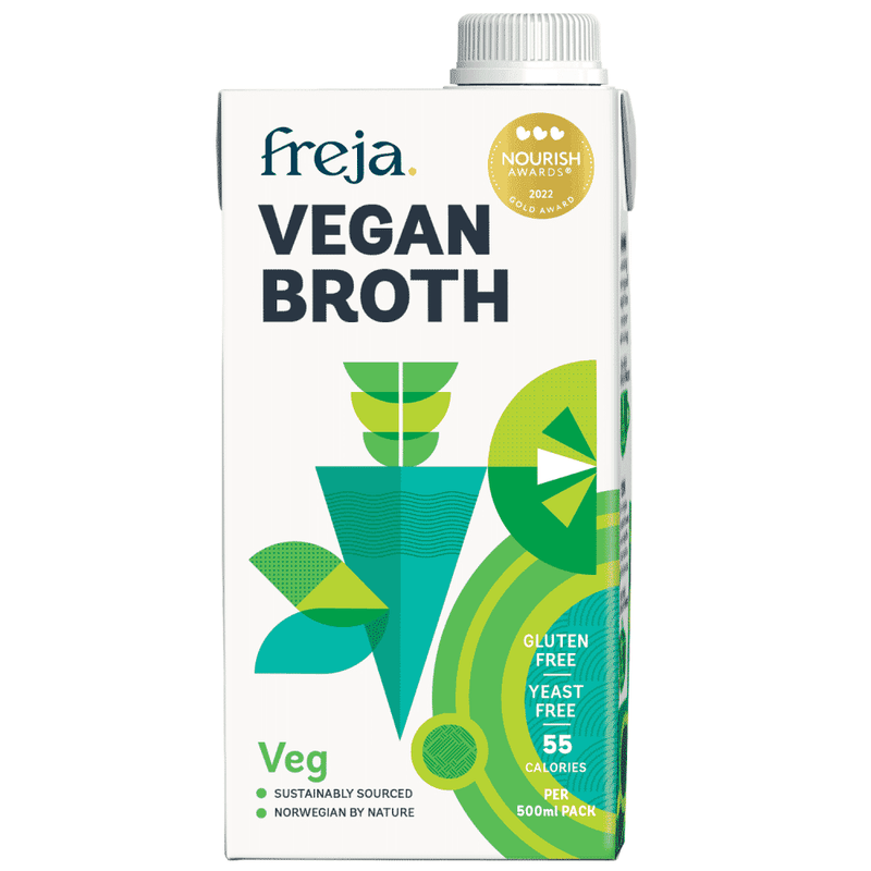 Bottle of Freja Vegan Broth 500ml with label showing vegan ingredients and branding, ready for cooking or seasoning.