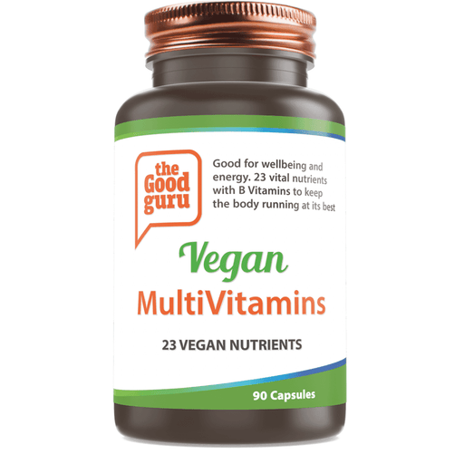 Vegan MultiVitamins bottle from the Good Guru with a white label and colorful design, containing 90 capsules in a transparent container