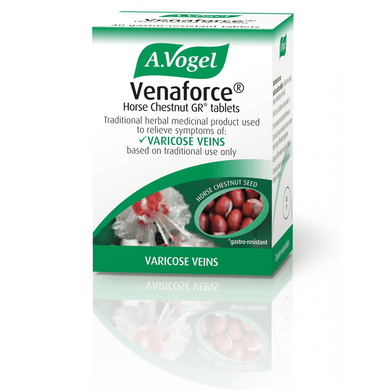 A Vogel BioForce Venaforce Horse Chestnut supplement box showing 30 capsules on the packaging.