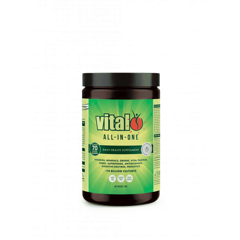 Vital Health Vital All-In-One 120g supplement jar with label showing product details and branding, placed on a white background.